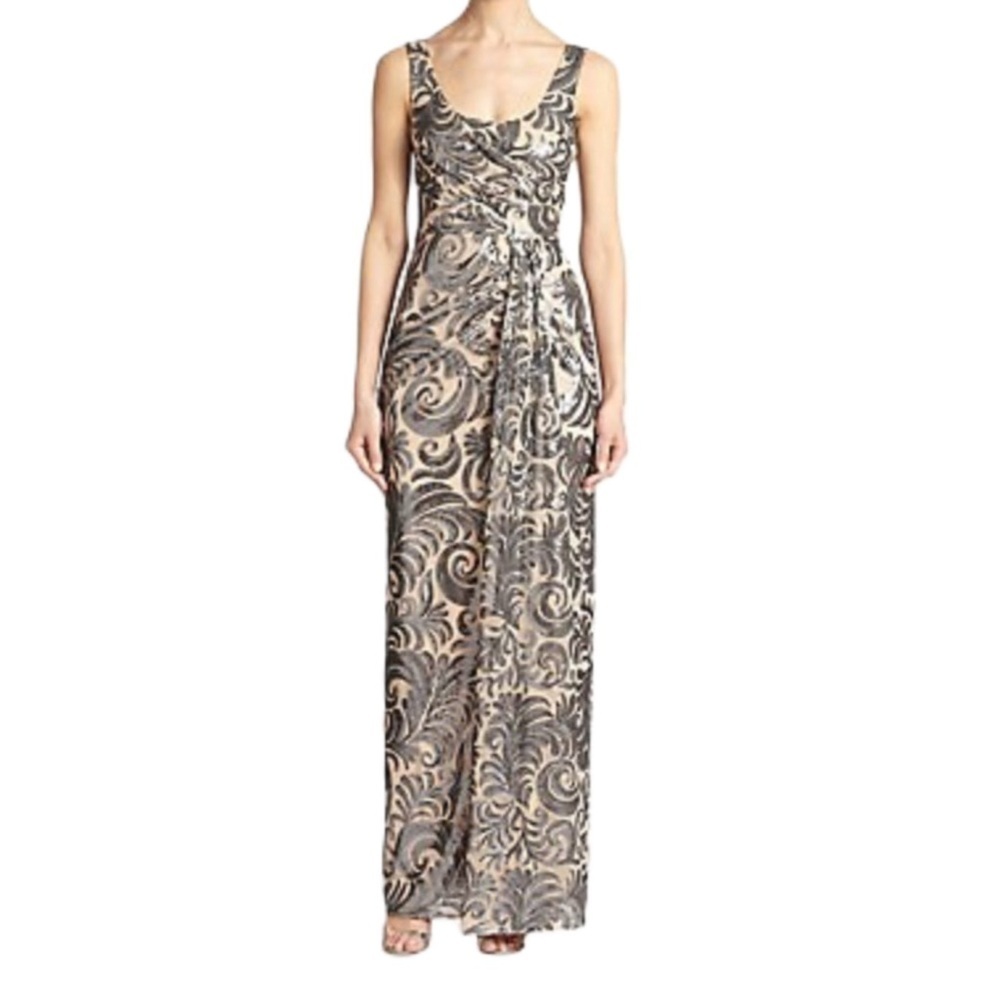 David Meister Tan Silver Sequin Sleeveless Maxi Gown Dress